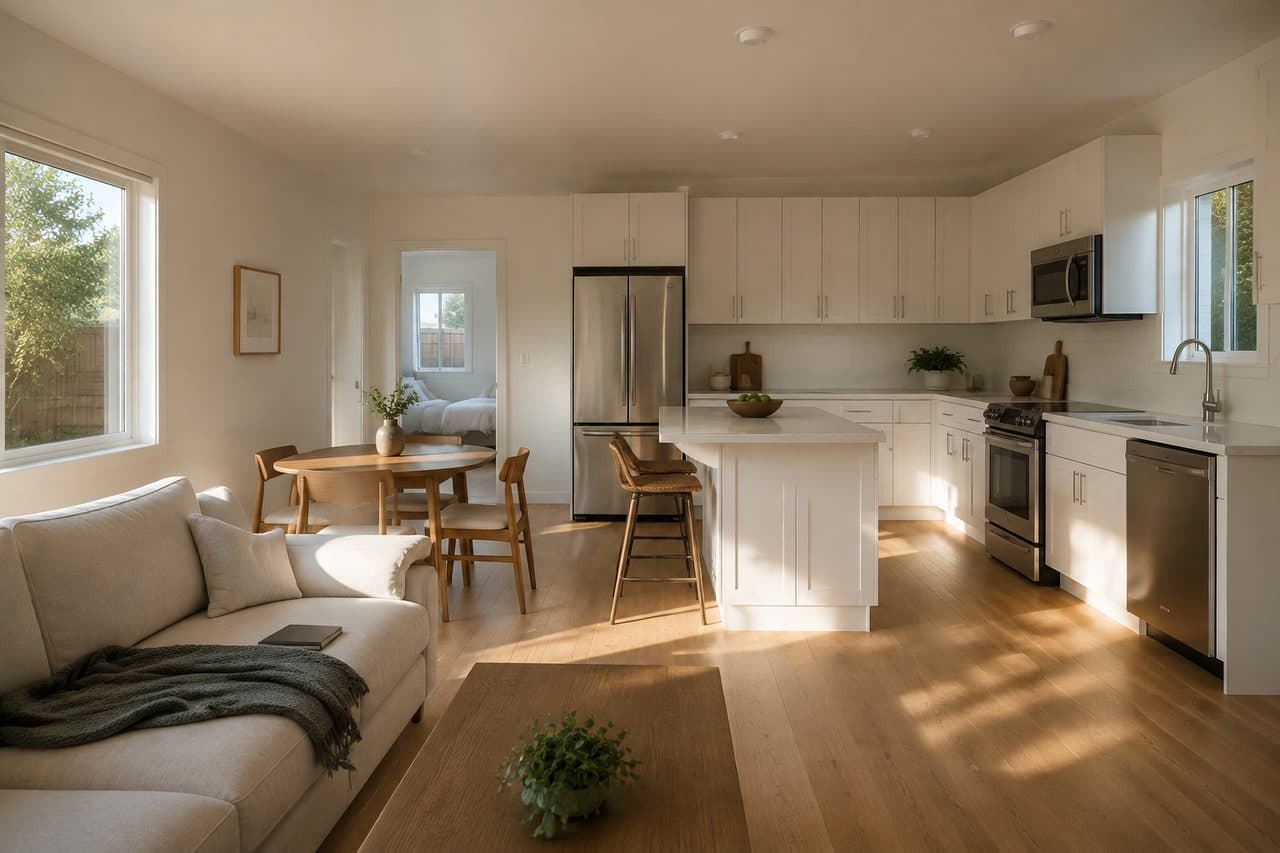 ADU built for aging parents: an open, single-level kitchen and living room filled with daylight