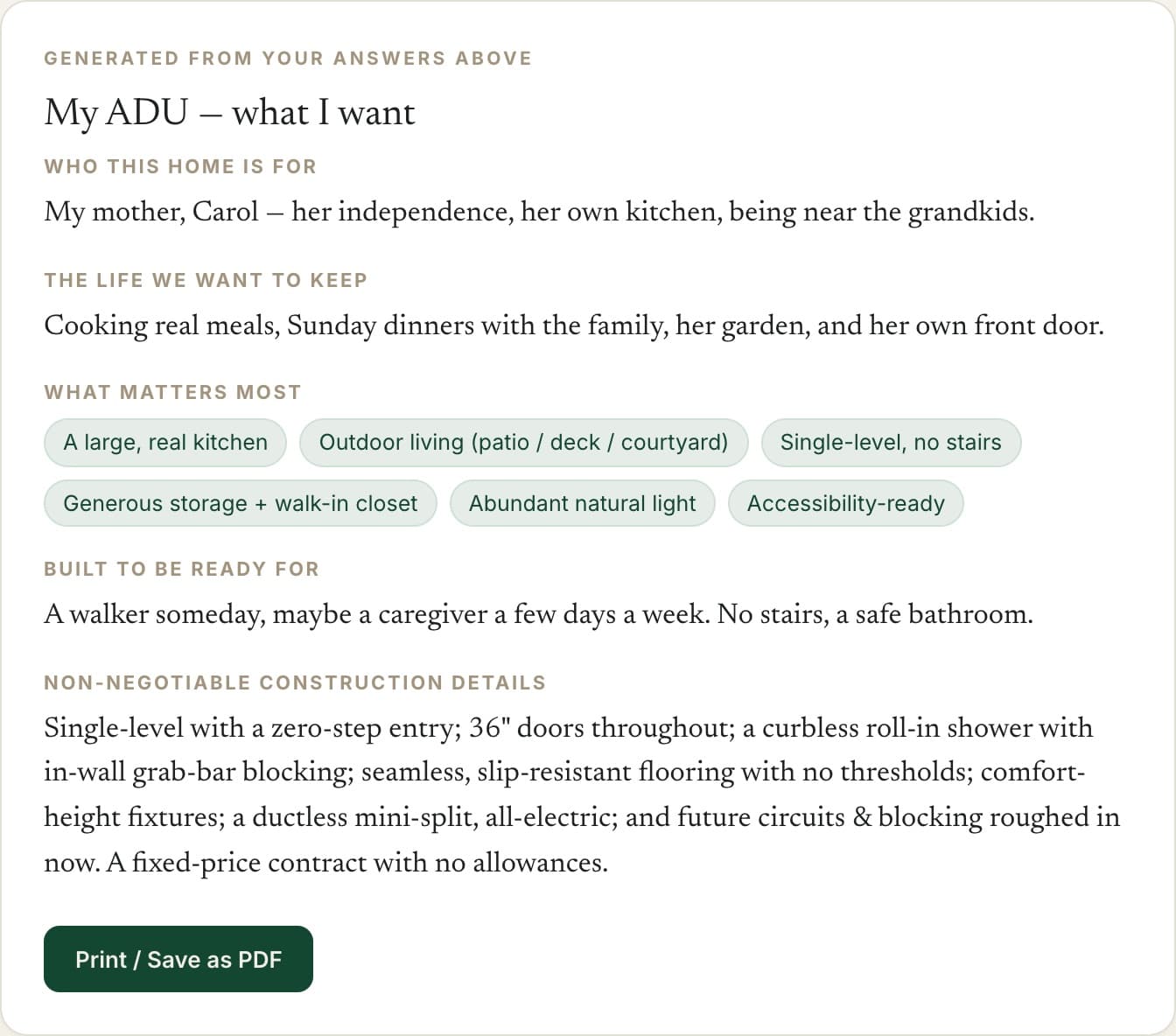 A completed one-page ADU brief generated by the guide