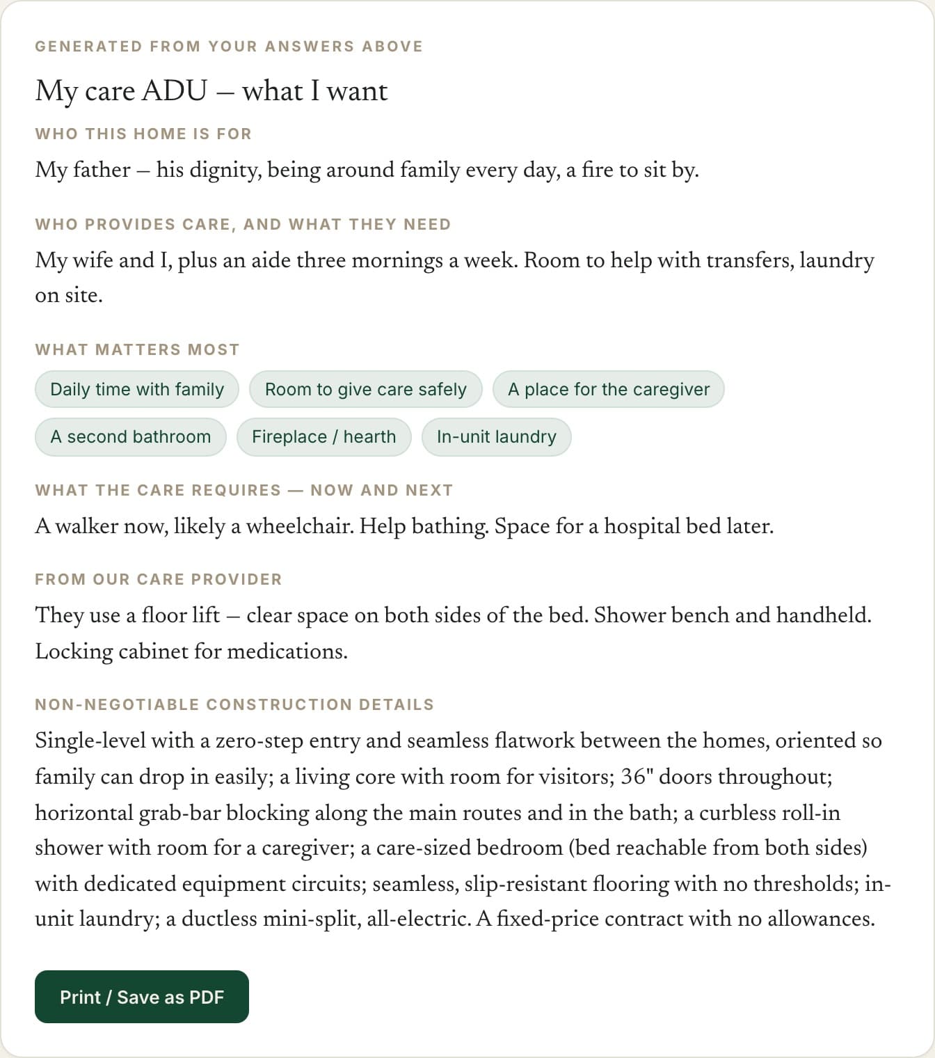 A completed care ADU brief generated by the guide