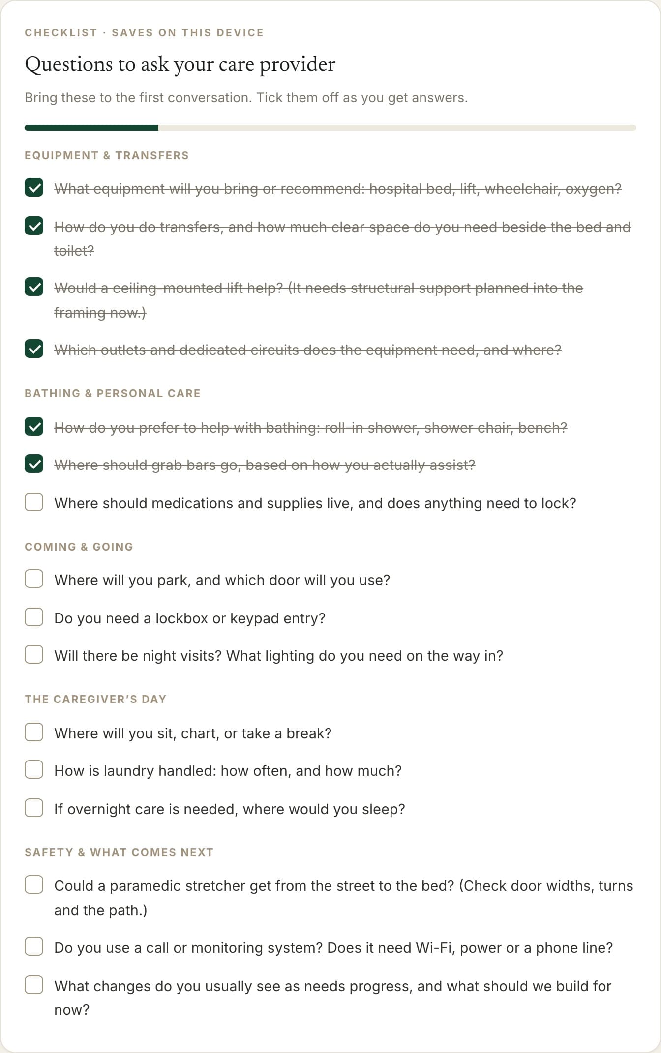 The care provider question checklist from the guide, partly completed