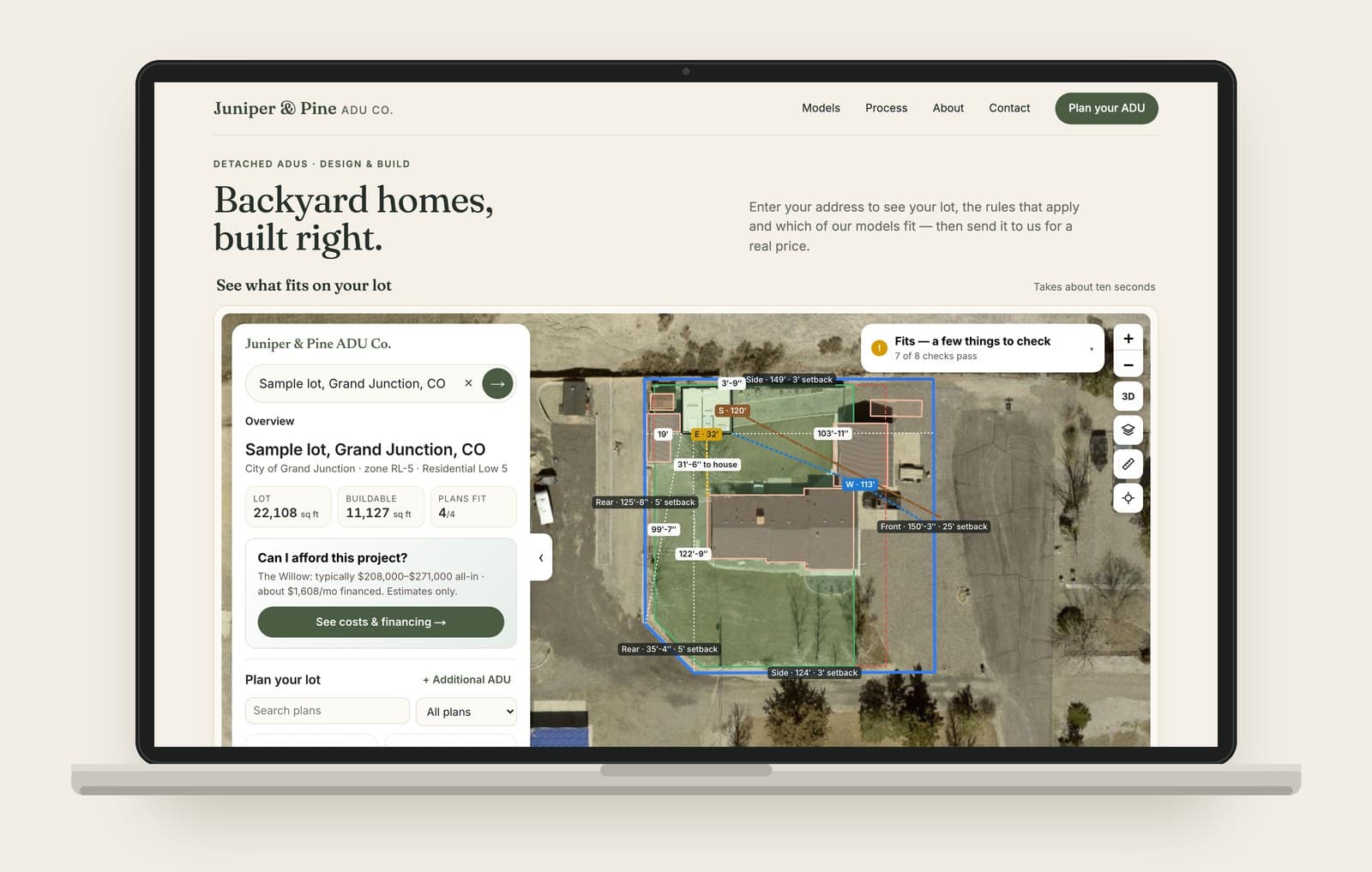 A builder’s website on a laptop with the ADU planner embedded: the builder’s branding, a floor plan placed on a sample lot and a button to request a consultation