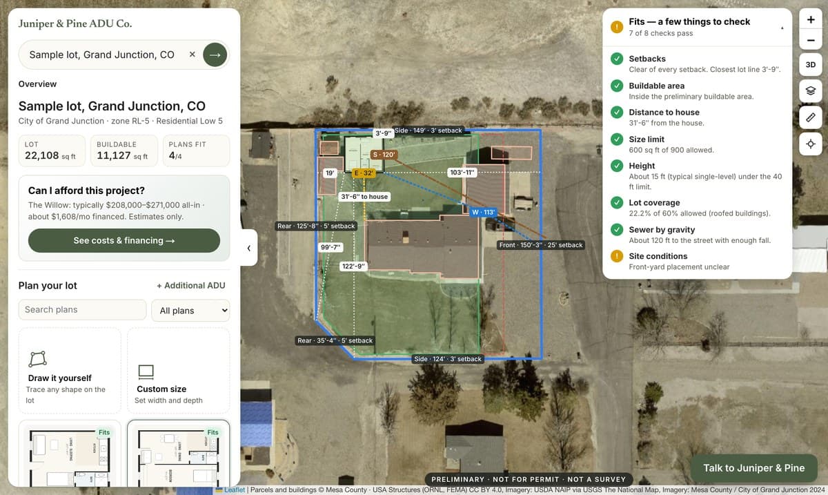 The builder’s plan placed on a sample lot with setbacks and live checks