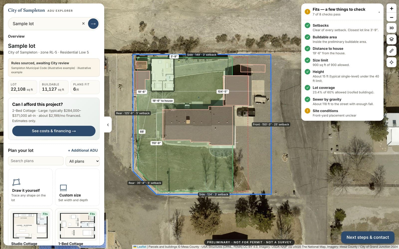 A city-branded resident ADU portal for the fictional City of Sampleton: an address search, a sample lot with setbacks, a planning summary and a preliminary-information notice