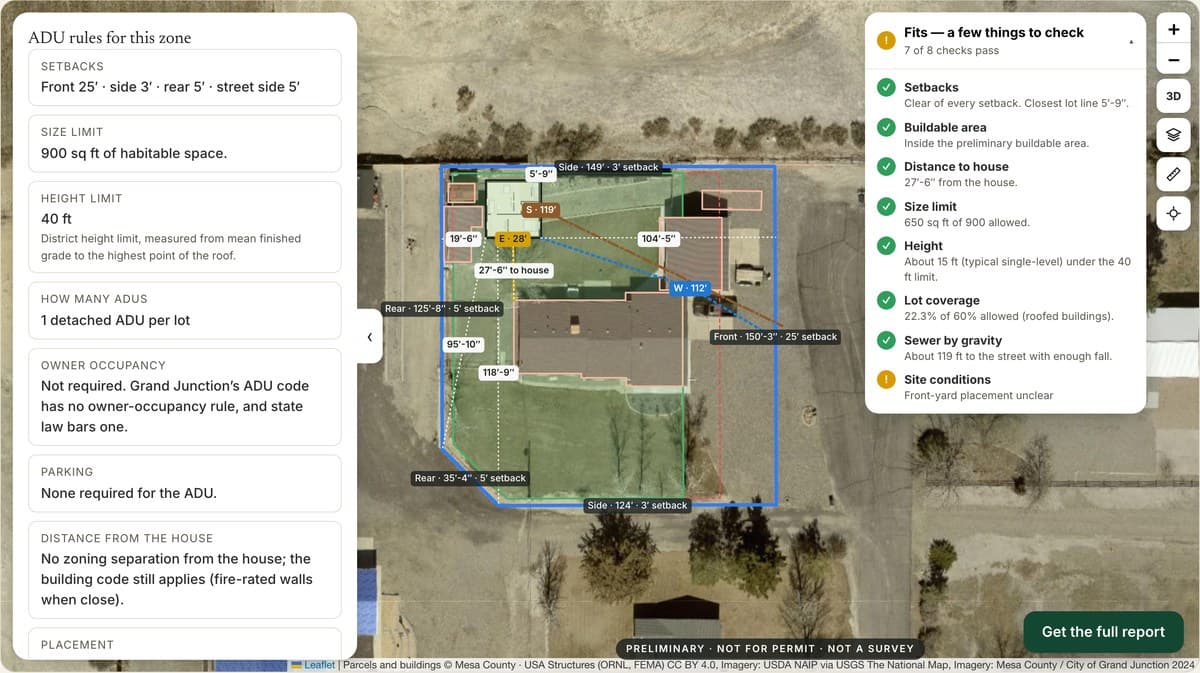 The planning insights panel: zoning, setbacks, size limit and flags for a sample lot