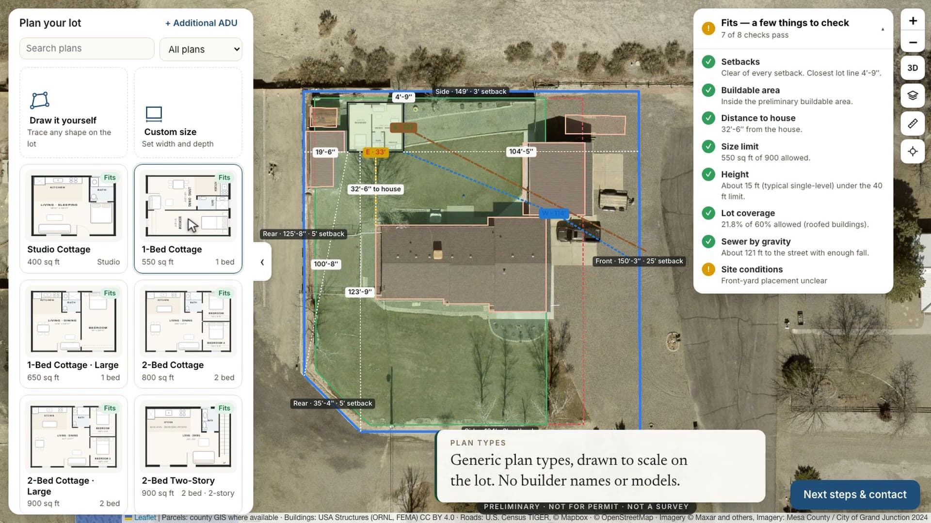 Resident ADU portal for a city: a lot with setbacks, buildable area and the local rules with sources