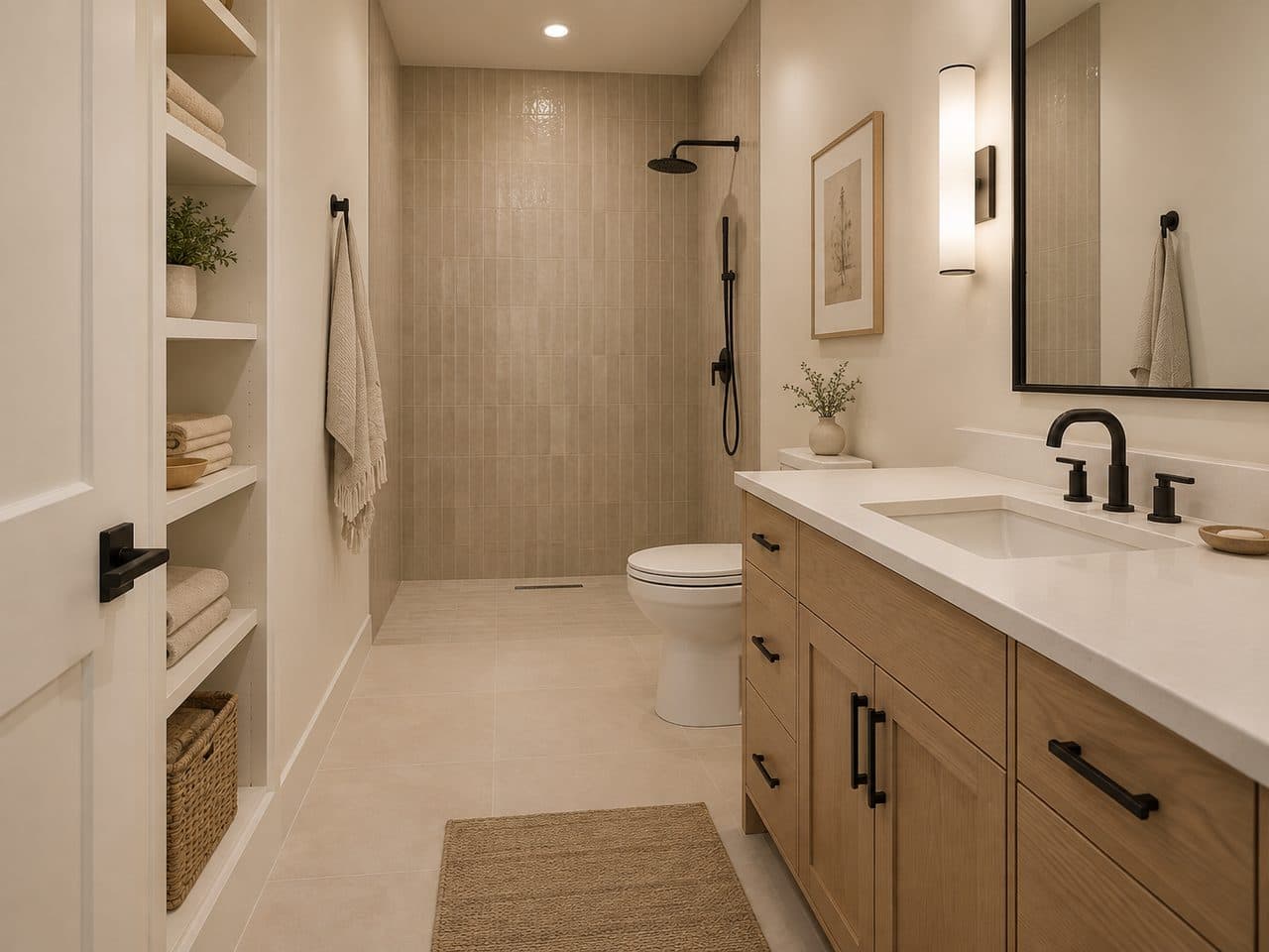 ADU built for in-home care: a curbless walk-in shower with a seamless tile floor